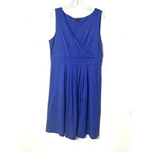 Lands' End Dress Woman Size L Blue Pleated Sleeveless Fit and Flare Baumwolle